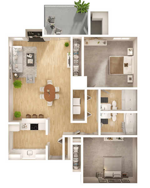 Floor plan for 2 beds, 2 baths, 1012 sqft